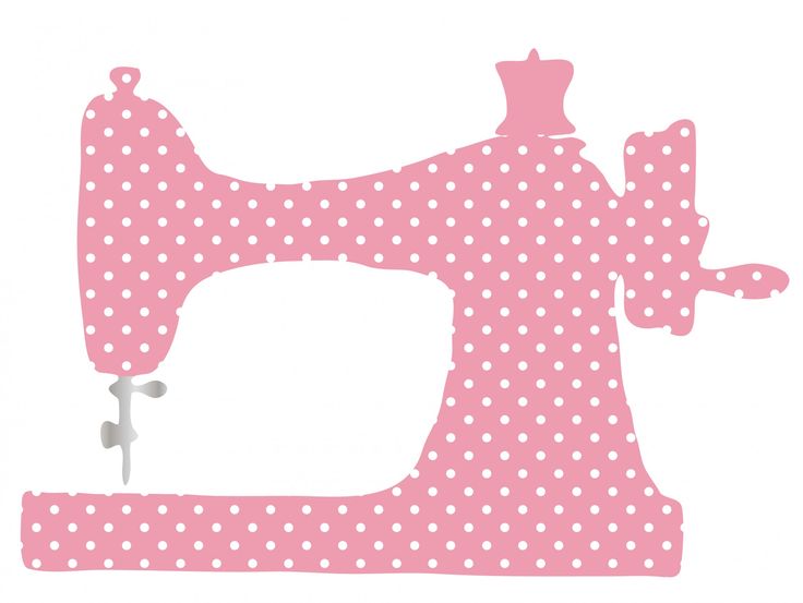 Pink vintage-style sewing machine silhouette with white polka dots on a white background.