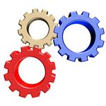 Three interlocking gears in red, blue, and gold symbolizing collaboration, integration, or system mechanics.