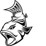 Stylized black-and-white illustration of a fierce fish with open mouth and sharp fins, evoking power and aggression.