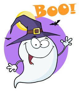 Friendly cartoon ghost in a purple witch hat waving with "Boo!" text and bats against a moonlit purple background.