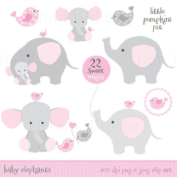 Cute baby elephant and bird clip art set in gray and pink, ideal for nursery designs and baby shower invitations.