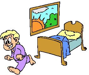 A cheerful cartoon boy in purple pajamas runs toward a wooden bed with blue bedding and a framed sunset painting on the wall.