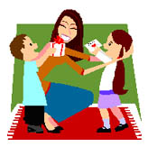 A smiling woman kneels on a red rug, joyfully receiving gifts from two children-a boy in blue and a girl in white-against a green backdrop.