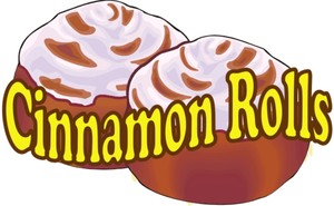 Two frosted cinnamon rolls with swirls of icing and bold yellow text reading "Cinnamon Rolls".