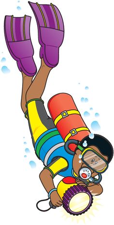 A cartoon child scuba diver with purple fins, colorful wetsuit, oxygen tank, and flashlight exploring underwater with bubbles.
