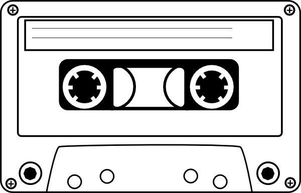 Black-and-white line drawing of a classic audio cassette tape with visible spools and label window.