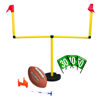 Portable youth football goalpost set with inflatable ball, yard markers, and accessories on white background.