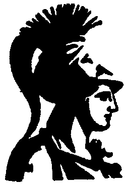 Black silhouette of a Roman soldier in profile wearing a plumed helmet, with a smaller figure below.