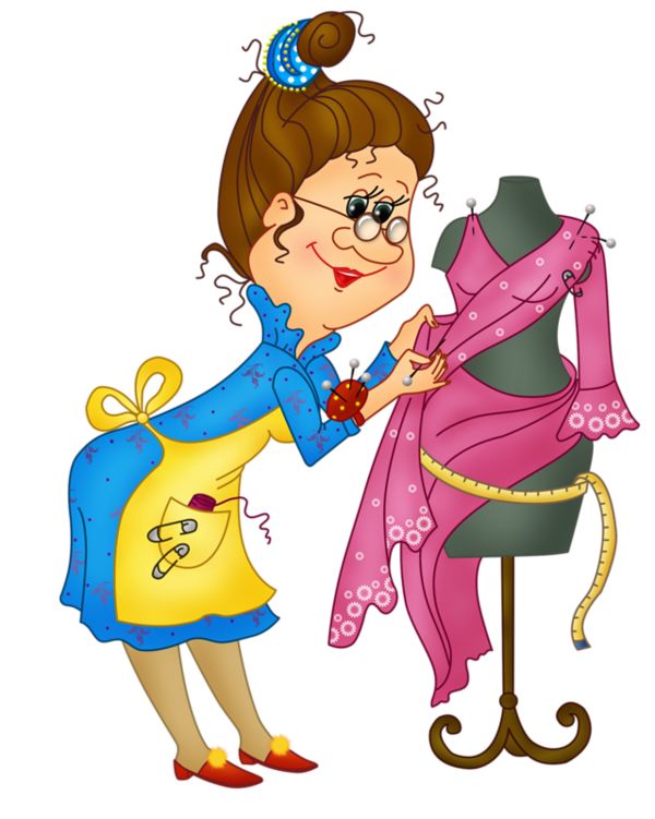 Cheerful cartoon seamstress adjusting a pink floral dress on a mannequin with measuring tape and pins.