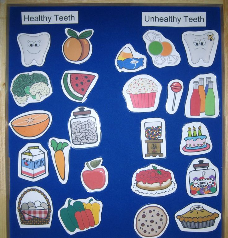 Educational bulletin board comparing healthy foods like fruits and vegetables to unhealthy snacks like candy and soda for dental health.