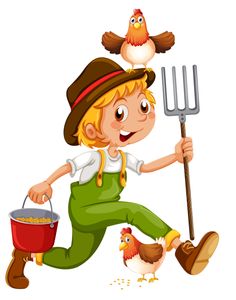 A cheerful cartoon boy in overalls and hat holds a pitchfork and bucket, with two chickens-one on his head, one at his feet-on a white background.