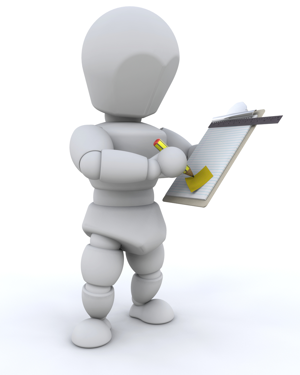 Gray 3D figure holding clipboard with lined paper, yellow sticky note, pencil, and ruler against white background.