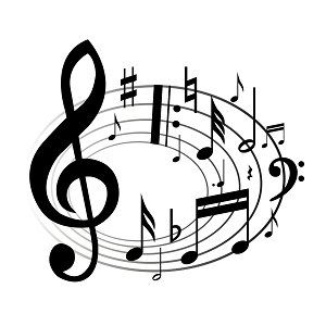 Black and white musical notation illustration featuring a treble clef, bass clef, and floating notes on a staff.
