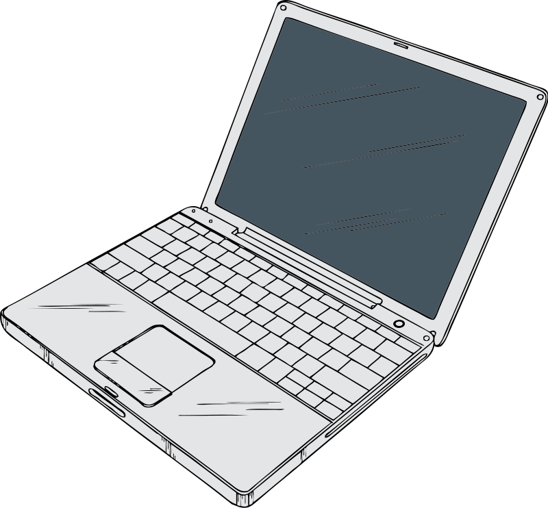 Sketch-style illustration of an open laptop with keyboard, trackpad, and dark screen viewed at an angle.