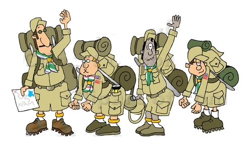Four cartoon scouts in khaki uniforms with backpacks, maps, and hiking gear, waving and looking enthusiastic on an outdoor adventure.