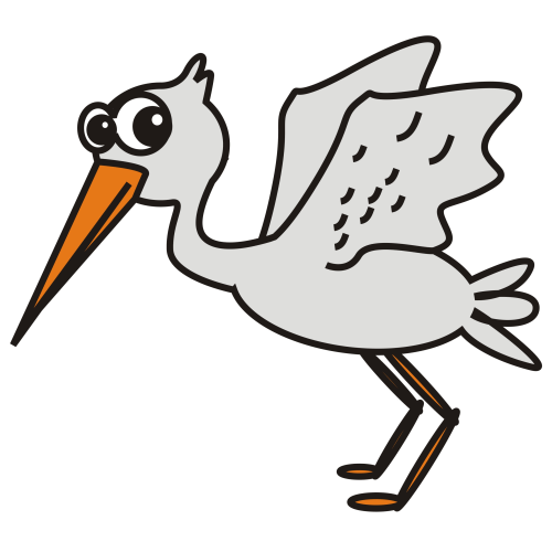 Cartoon stork with orange beak and legs, mid-stride with wings spread, friendly expression.