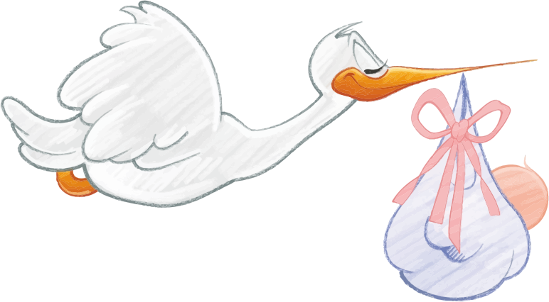 A cartoon stork flying while carrying a newborn baby wrapped in a blue blanket with a pink bow.