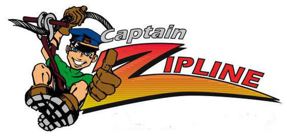 Captain Zipline logo featuring a smiling cartoon character in a helmet holding zipline gear, with bold red and yellow text.