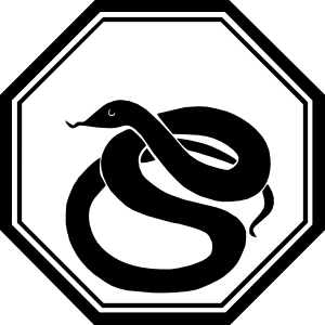 Black coiled snake inside an octagonal border, stylized warning symbol.