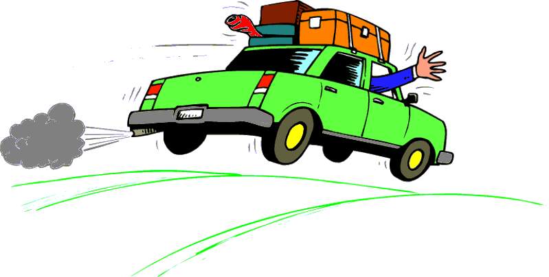 Green car overloaded with luggage speeding away, driver waving, exhaust smoke trailing.