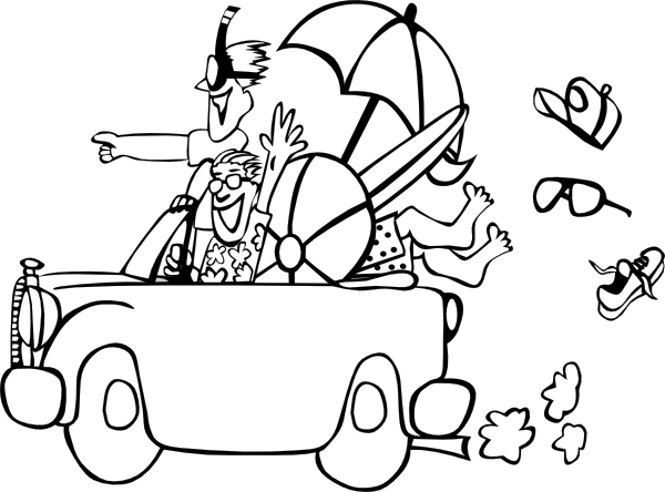 A joyful family in a convertible car packed with beach gear, waving and smiling as they head on vacation.