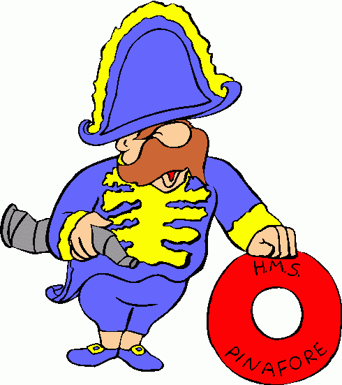 A cartoon sailor in a blue uniform with yellow trim and a tall hat, holding a red lifebuoy labeled "H.M.S. PINAFORE".