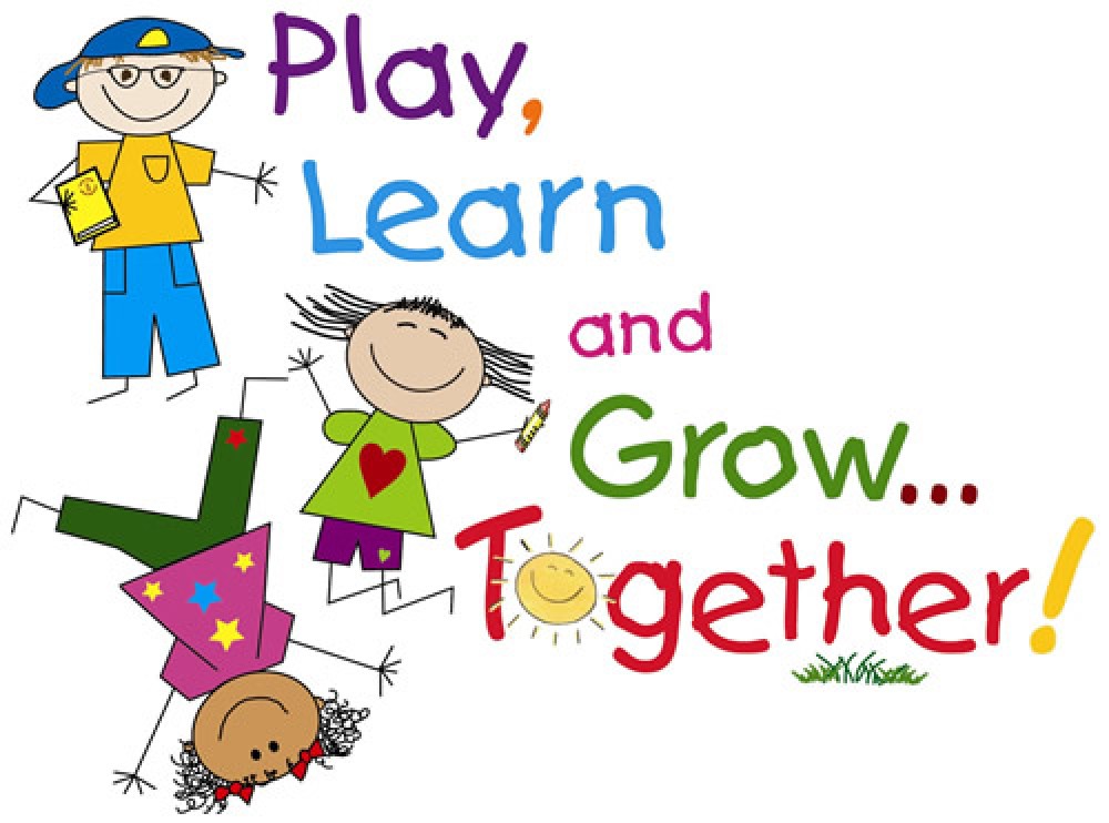 Three diverse cartoon children playing, learning, and growing together with colorful text slogan.