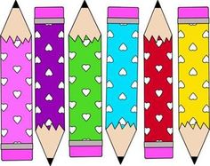 Six colorful pencils with heart patterns in pink, purple, green, blue, red, and yellow, arranged side by side.