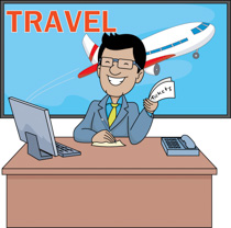 Smiling travel agent at desk with laptop, ticket, and airplane in background.