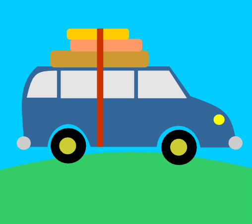 Blue station wagon with luggage strapped to roof, driving on green hill against blue sky.