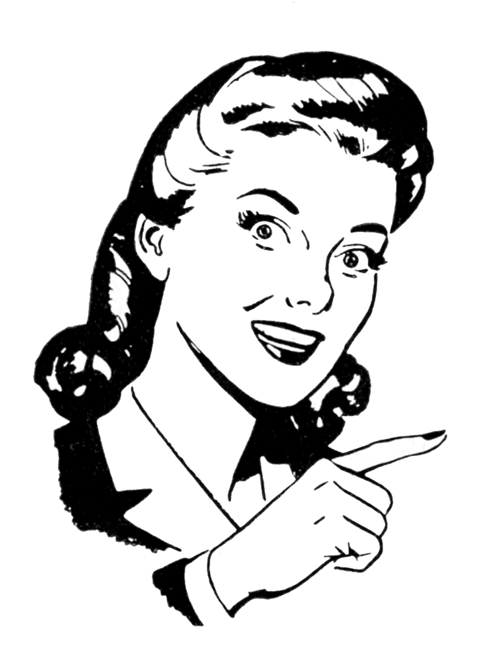 Vintage 1950s-style illustration of a smiling woman pointing to the right with her index finger.