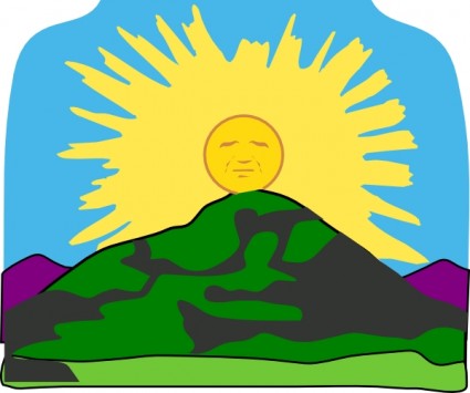 A cheerful smiling sun rising over green and purple mountains under a blue sky.