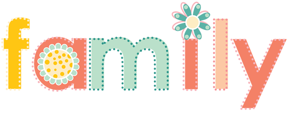 Colorful decorative word "family" with floral patterns and stitched edges on black background.