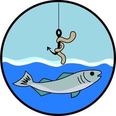 A cartoon fish swimming toward a worm on a hook beneath the water surface, enclosed in a circular frame.