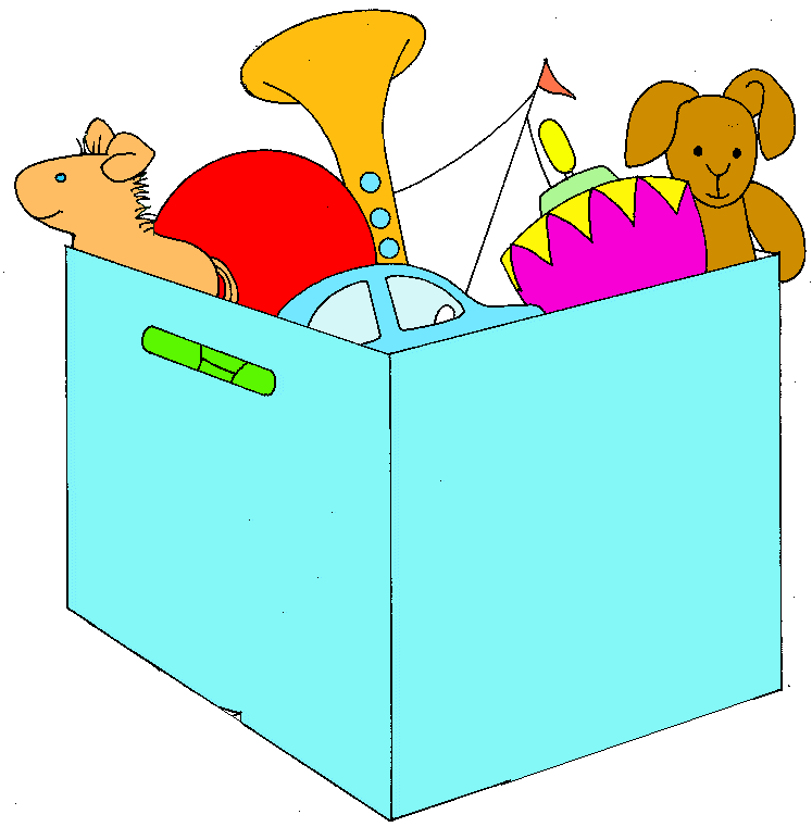 A light blue toy box overflowing with colorful toys including a teddy bear, plastic car, horn, sailboat, and plush mouse.