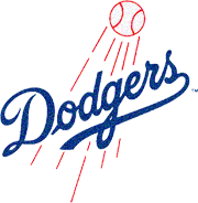 Los Angeles Dodgers logo featuring cursive "Dodgers" text with a red baseball and streaks above.