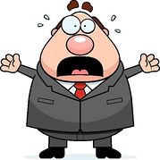 Stressed cartoon businessman with wide eyes, open mouth, and raised arms, sweating in panic.