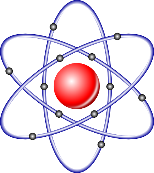 Simplified Bohr model of an atom with red nucleus and orbiting electrons on blue paths.