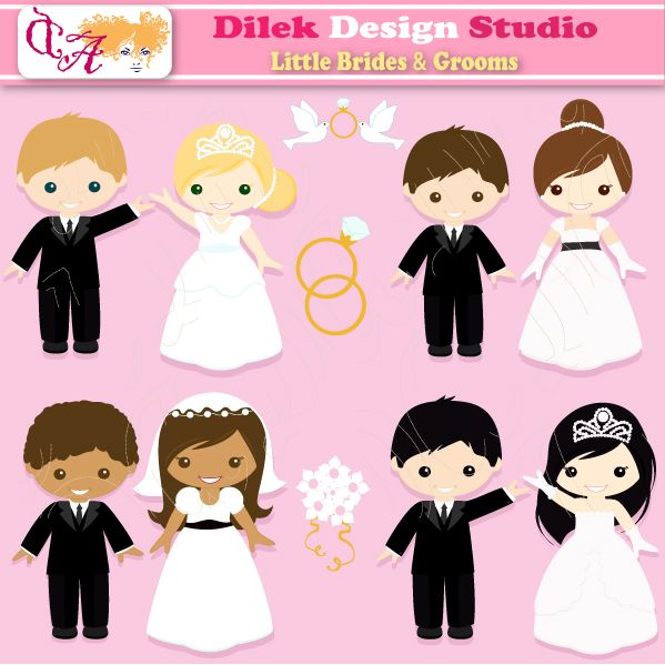 Cute cartoon illustrations of diverse little brides and grooms in wedding attire with rings and doves on pink background.