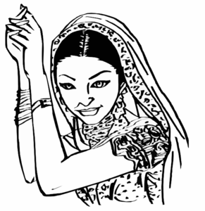 Black-and-white line drawing of a woman in traditional Indian attire, wearing a dupatta and ornate jewelry, posing gracefully.