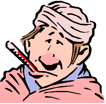 A cartoon illustration of a sick person with a fever, wrapped in a blanket and holding a thermometer in their mouth.