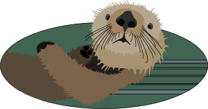 A cartoon sea otter floating on its back in green water, paws raised, with a friendly expression.