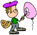 A smiling child in a purple beret paints a pink balloon with a brush, holding a palette-whimsical cartoon art scene.