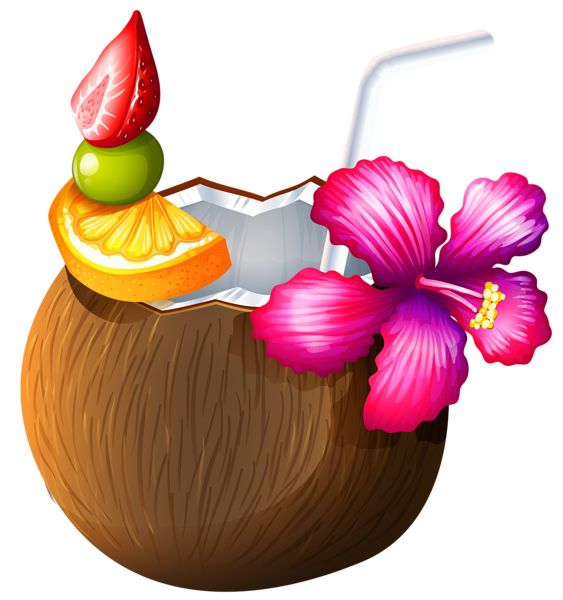 Tropical coconut drink garnished with strawberry, lime, orange slice, and hibiscus flower, served with a straw.