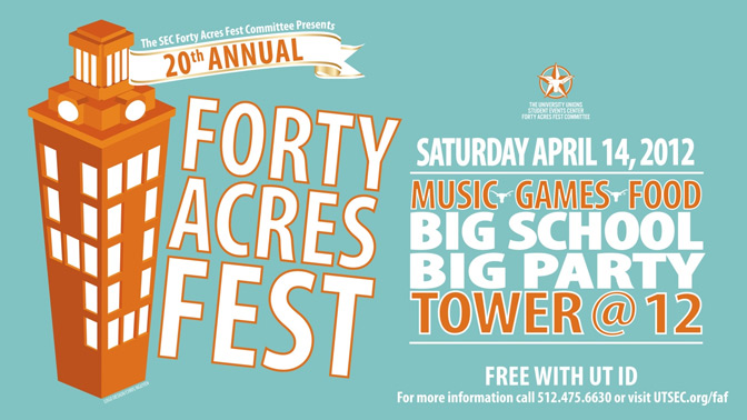 Promotional poster for the 20th Annual Forty Acres Fest featuring an orange tower illustration and event details.
