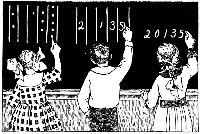Three children at a blackboard learning arithmetic with tally marks and numbers 2, 1, 3, 5, and 20/35.