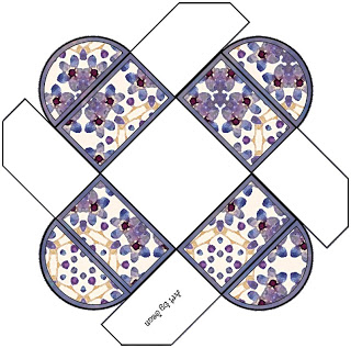 Printable floral pill-shaped gift box template with purple flowers and gold accents, ready to cut and assemble.