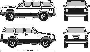 Technical line drawing of a classic SUV showing side, front, rear, and three-quarter views with dimension标注.