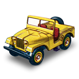 Bright yellow vintage-style toy jeep with red interior, open-top design, and classic grille.