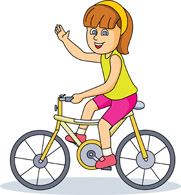 A cheerful cartoon girl with brown hair rides a yellow bicycle while waving her hand.